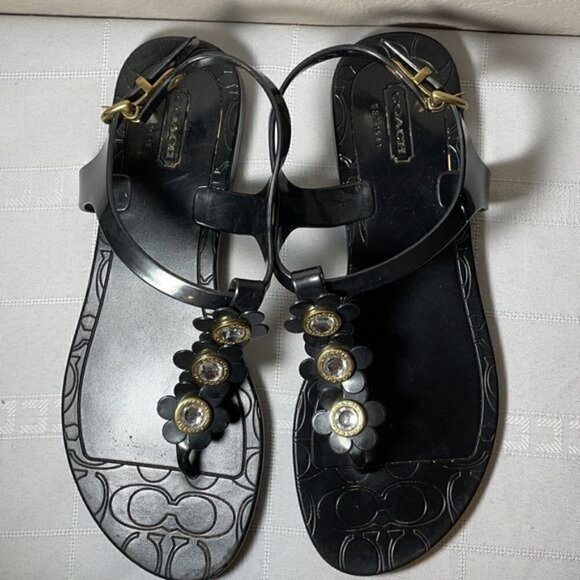 Coach Paisley Floral Jewel Black T Strap Jelly Thong Sandals Summer Size 7 - Picture 6 of 12